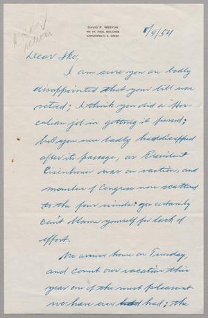[Handwritten letter from David F. Weston to Isaac H. Kempner, August 9, 1954]