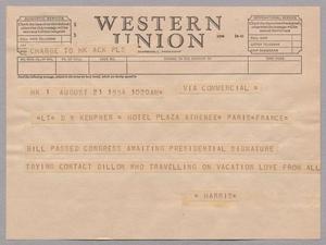 [Telegram from Harris Leon Kempner to D. W. Kempner, August 21, 1954]