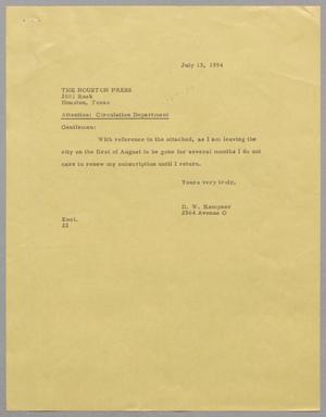 [Letter from D. W. Kempner to The Houston Press, July 13, 1954]