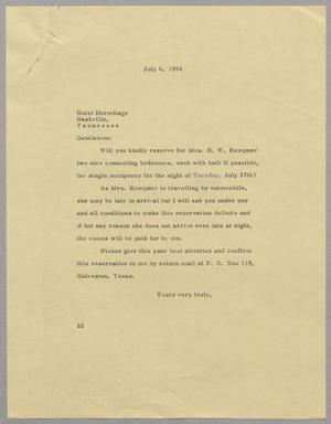[Letter from D. W. Kempner to Hotel Hermitage, July 6, 1954]