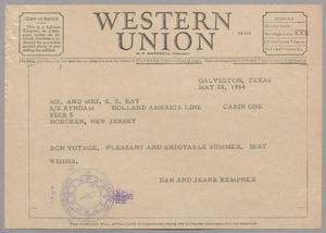 Primary view of object titled '[Telegram from Jeane and D. W. Kempner to Mr. and Mrs. S. S. Kay, May 25, 1954]'.