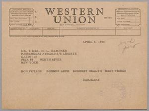 [Telegram from Jeane and D. W. Kempner to Mr. and Mrs. H. L. Kempner, April 7, 1954]