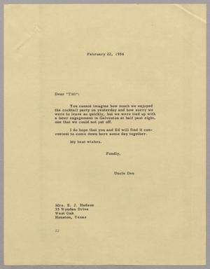 [Letter from D. W. Kempner to Mrs. E. J. Hudson, February 22, 1954]