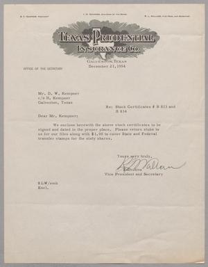 [Letter from Texas Prudential Insurance Co. to D. W. Kempner, December 21, 1954]