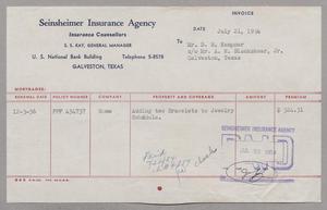 [Invoice for Insurance for D. W. Kempner, July 1954]
