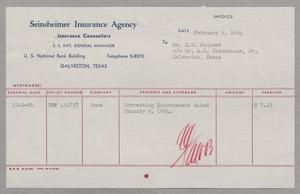 [Invoice for Insurance for D. W. Kempner, February 1954]