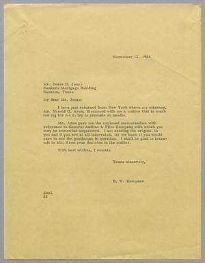 [Letter from D. W. Kempner to Jesse H. Jones, November 12, 1954]