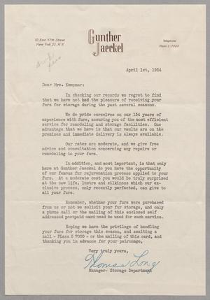 [Letter from Gunther Jaeckel to Mrs. Daniel W. Kempner, April 1, 1954]