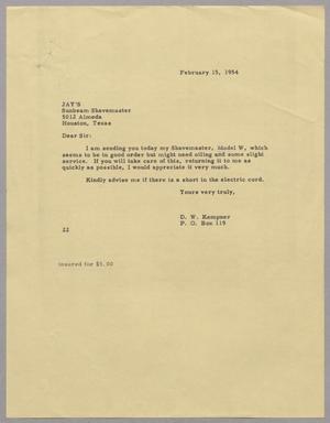 [Letter from D. W. Kempner to Jay's, February 15, 1954]