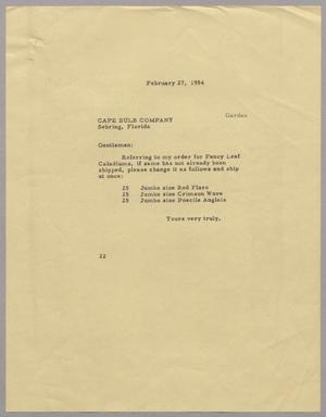 Primary view of object titled '[Letter from D. W. Kempner to Cape Bulb Company, February 27, 1954]'.