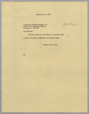 Primary view of object titled '[Letter from D. W. Kempner to American Florist Supply Co., January 13, 1954]'.