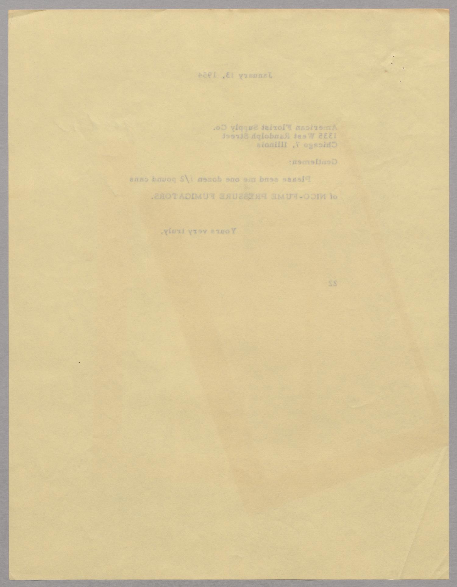 [Letter from D. W. Kempner to American Florist Supply Co., January 13, 1954]
                                                
                                                    [Sequence #]: 2 of 2
                                                