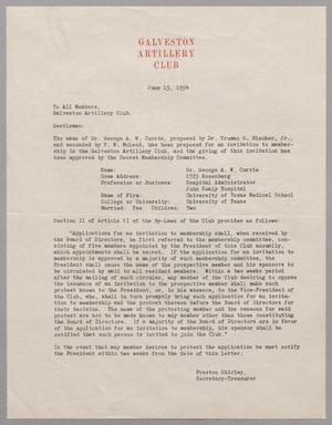 [Letter from the Galveston Artillery Club, June 15, 1954]