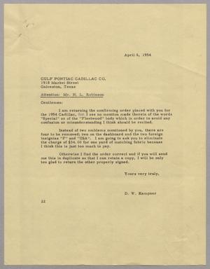 [Letter from D. W. Kempner to Gulf Pontiac Cadillac Co., April 6, 1954]