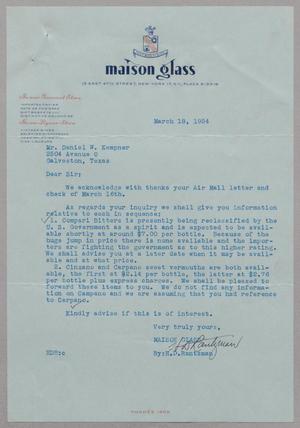 [Letter from Maison Glass to D. W. Kempner, March 18, 1954]