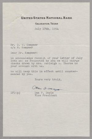 [Letter from United States National Bank to D. W. Kempner, July 17, 1954]