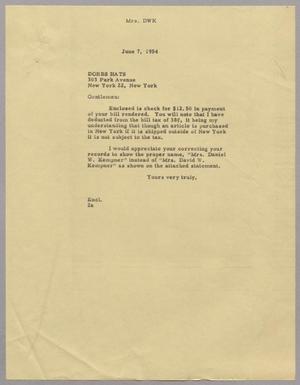 [Letter from Mrs. DWK to Dobbs Hats, June 7, 1954]