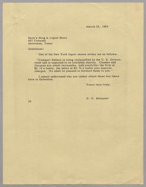 [Letter from D. W. Kempner to Dave's Drug & Liquor Store, March 23, 1954]