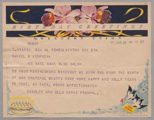 [Telegram from Charles and Ella Marie Frank to Daniel W. Kempner, March 26, 1954]