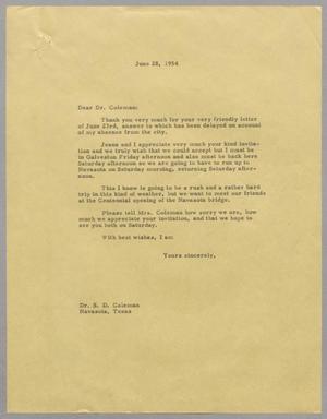 [Letter from D. W. Kempner to Coleman, S. D., June 28, 1954]