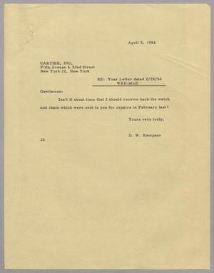 [Letter from D. W. Kempner to Cartier Inc., April 5, 1954]