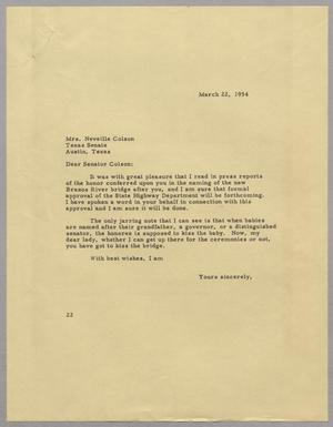 [Letter from D. W. Kempner to Mrs. Neveille Colson, March 22, 1954]