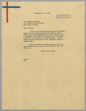 [Letter from D. W. Kempner to Michel Catillon, November 18, 1953]