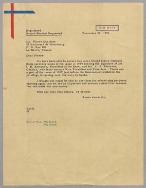 Primary view of object titled '[Letter from D. W. Kempner to Pierre Chardine, December 23, 1953]'.