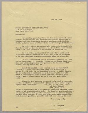 [Letter from Daniel W. Kempner to Stahl Editing & Titling Service, June 29, 1954]