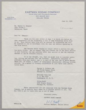 Primary view of [Letter from W. F. Bent to D. W. Kempner, June 10, 1954]