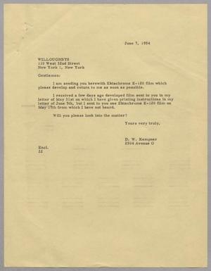 Primary view of object titled '[Letter from Daniel W. Kempner to Willoughby's, June 7, 1954]'.