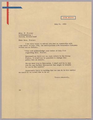 [Letter from Daniel W. Kempner to Mrs. F. Forrer, July 31, 1953]