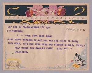 [Telegram from Charles and Ella Marie Frank to Daniel W. Kempner, March 27, 1953]