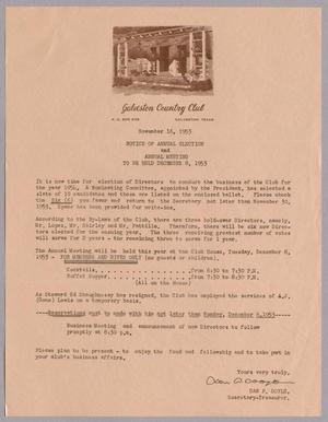 [Letter from the Galveston County Club, November 16, 1953]