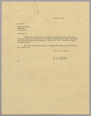 [Letter from Daniel W. Kempner to Hotel  Roanoke, July 8, 1954]