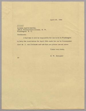 [Letter from Daniel W. Kempner to Roger Smith Hotel, April 23, 1954]