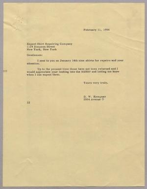 [Letter from D. W. Kempner to Expert Shirt Repairing Company, February 11, 1954]
