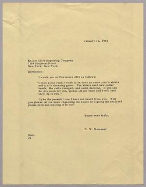 [Letter from D. W. Kempner to Expert Shirt Repairing Company, January 11, 1954]