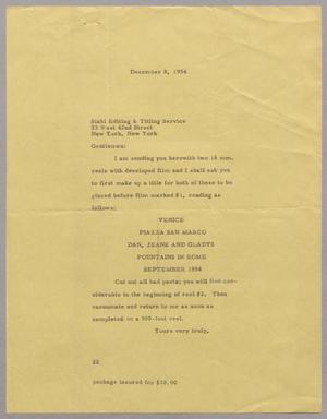 [Letter from Daniel W. Kempner to Stahl Editing & Titling Service, December 8, 1954]