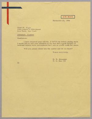 [Letter from D. W. Kempner to Hotel St. Regis, November 22, 1954]