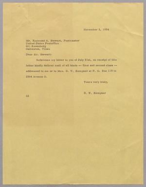[Letter from D. W. Kempner to Raymond A. Stewart, November 2, 1954]