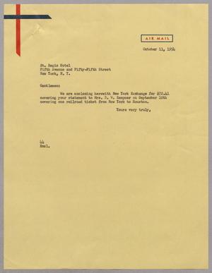 [Letter from A. H. Blackshear, Jr. to St. Regis Hotel, October 11, 1954]
