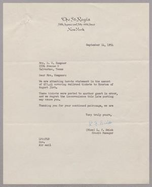 [Letter from The St. Regis to Mrs. D. W. Kempner, September 14, 1954]