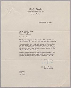 [Letter from The St. Regis to I. H. Kempner, Esq., September 14, 1954]