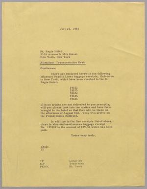 [Letter from Daniel W. Kempner to St. Regis Hotel, July 29, 1954]