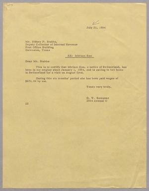 [Letter from Daniel W. Kempner to Sidney P Stubbs, July 21, 1954]