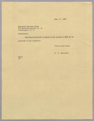 [Letter from D. W. Kempner to Sheraton-Carlton Hotel, May 17, 1954]