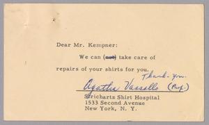 [Postcard from Strichartz Shirt Hospital to D. W. Kempner, April 28, 1954]
