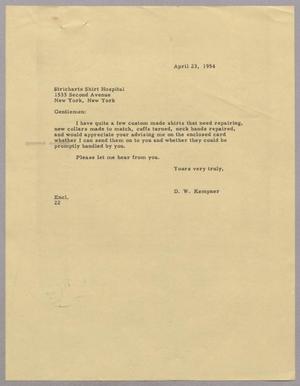 [Letter from Daniel W. Kempner to Stricharts Shirt Hospital, April 23, 1954]