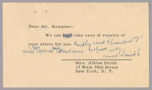 Primary view of object titled '[Postal Card from Mrs. Albine Smith to Daniel Webster Kempner, 1954]'.